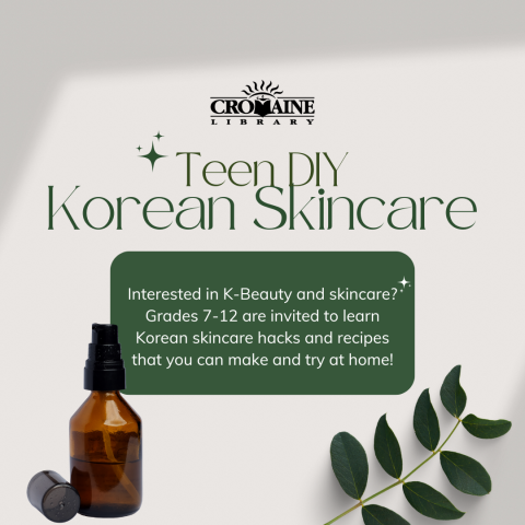 Herbs and an oil bottle on a Teen DIY Korean Skincare graphic. 