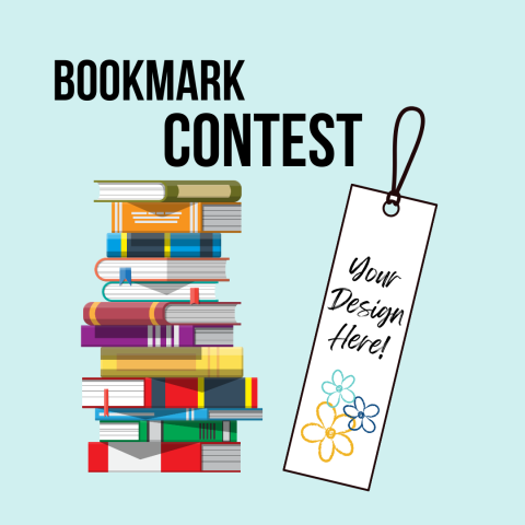 Graphic featuring a stack of books beside a white bookmark with hand-drawn flowers and the text "Your Design Here!" 