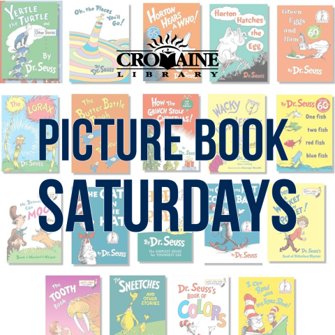 Text "Picture Book Saturdays" with a slightly transparent collection of Dr. Seuss books in the background. 