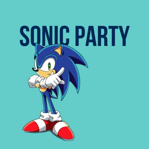 Text "SONIC PARTY" with Sonic standing in front. 