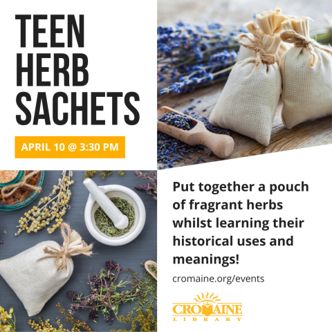 Program graphic featuring images of lavender and other herbs in small bags. 