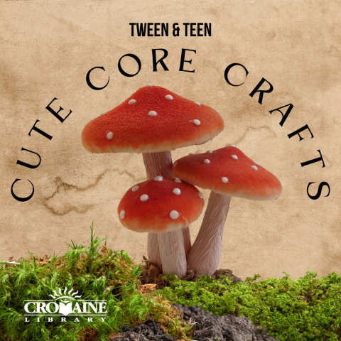 Graphic featuring three red mushrooms on a bed of moss. 