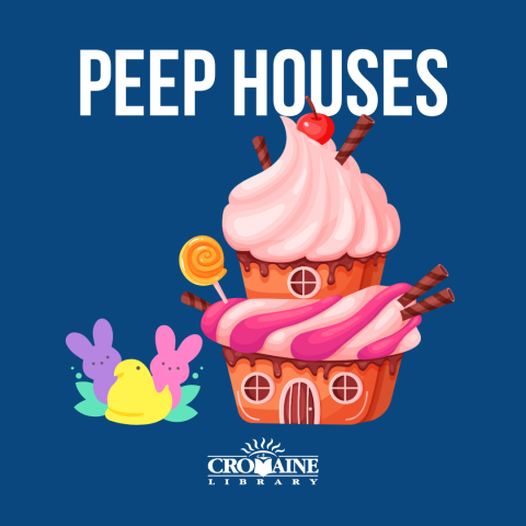 A graphic of a cupcake house and three peeps, with a blue background. 