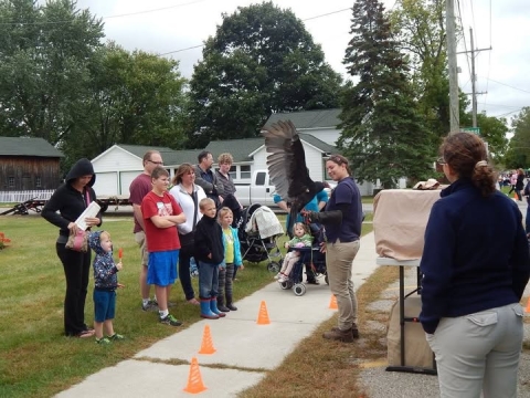 A presenter holding a turkey vulture on the South Lawn. 