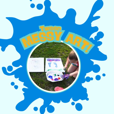 Program graphic featuring an image of a girl painting on her hands on the South Lawn, with multiple painted masterpieces behind her! 