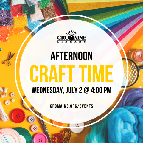 Program graphic featuring a variety of colorful crafting supplies. 