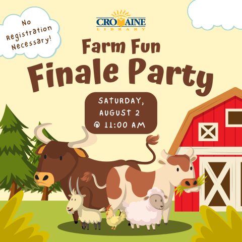 Program graphic featuring farm animals, trees, and a red barn. 