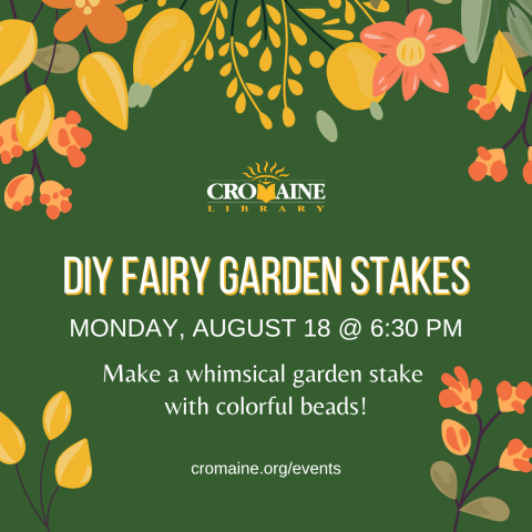 Program graphic with white and gold writing on a green background, with flowers. 