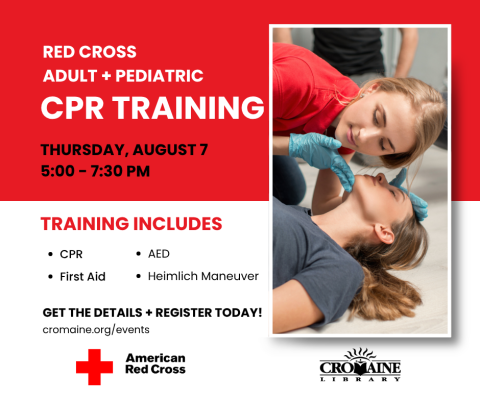 Program graphic featuring a person checking the airway of another during a first aid training session. 