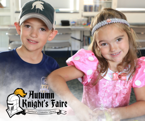 Autumn Knight's Faire logo over a photo of two children, one in a princess costume, in the Community Room. 