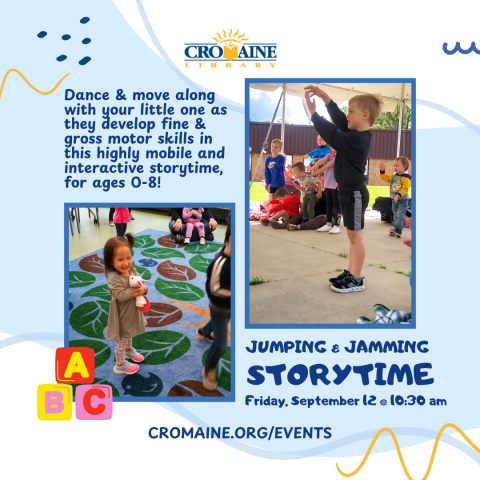 Program graphic featuring pictures of children playing during a storytime.