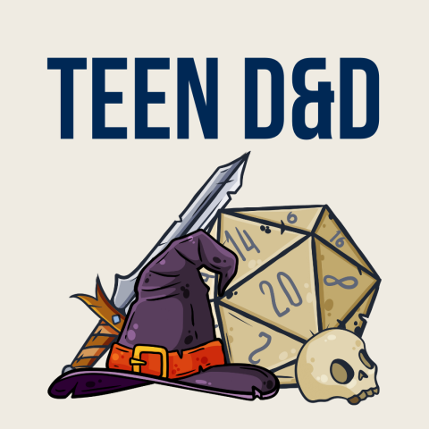 Teen D&D graphic featuring a purple wizard's hat, sword, dice, and a tiny skull. 