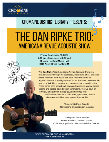 Event flyer featuring a photo of Dan playing guitar. 