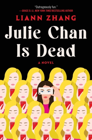 Cover of book, depicts many copies of the same blond woman looking down at a phone, and one dark-haired woman in the middle looking up with a phone in front her eyes