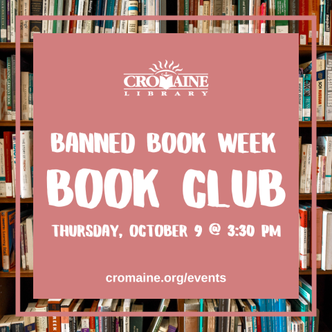 Program graphic featuring shelves of books. 