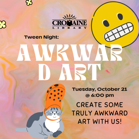 A program graphic with a mirage of colors, a cringing hand-drawn emoji, and a cat with an orange croc on its head. 