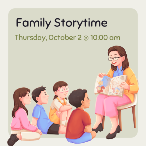 Program graphic featuring a grownup reading a book to a group of children. 