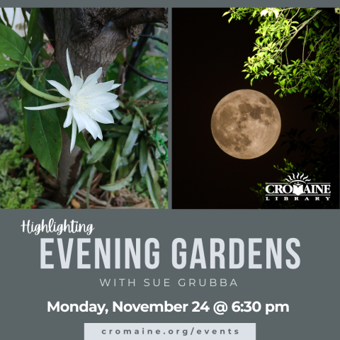 Program graphic featuring pictures of garden plants at night. 