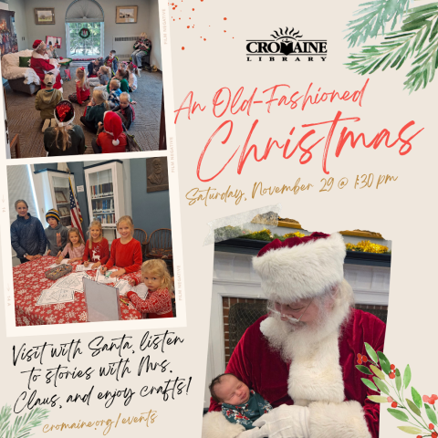 Program graphic featuring images of Santa, Mrs. Claus, and families crafting. 