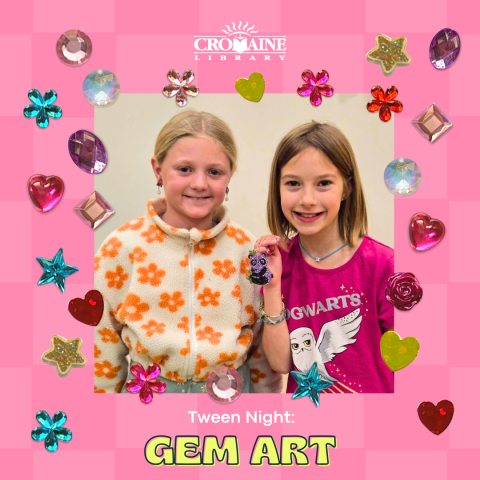 Program graphic featuring two tweens in the Youth Program Room, and one is holding up a gem trinket. 