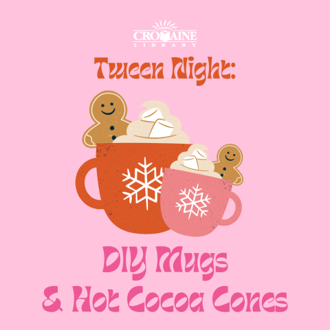 Graphic image of two mugs, with gingerbread cookies sticking out of piles of whipped cream on top.