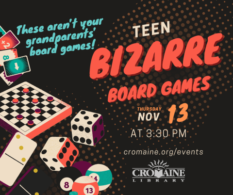 Program graphic featuring a variety of board game pieces. 