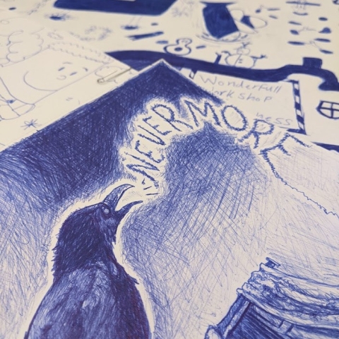 A close look at one of the entries, depicting a raven, of last year's Kill the Pen contest. 