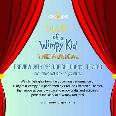 Red curtains opening to 'Diary of a Wimpy Kid: The Musical' title with program details below. 