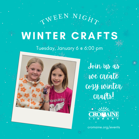 Program graphic featuring two tweens in the Youth Program Room, and one is holding up a gem trinket. 