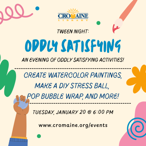 A colorful program graphic featuring a hand holding a stress ball, a paint brush, and more. 