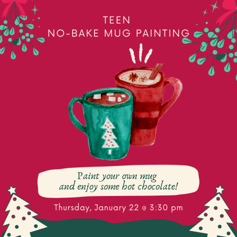 Program graphic featuring two mugs filled with hot chocolate. 