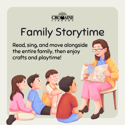 Program graphic featuring a grownup reading a book to a group of children. 