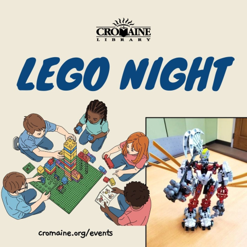 Program graphic featuring a picture of a Lego creation and a graphic of a group of kids working on Legos. 