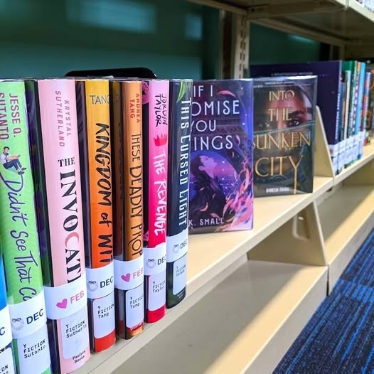 A colorful collection of YA books on the shelf in the Teen room of the Library. 