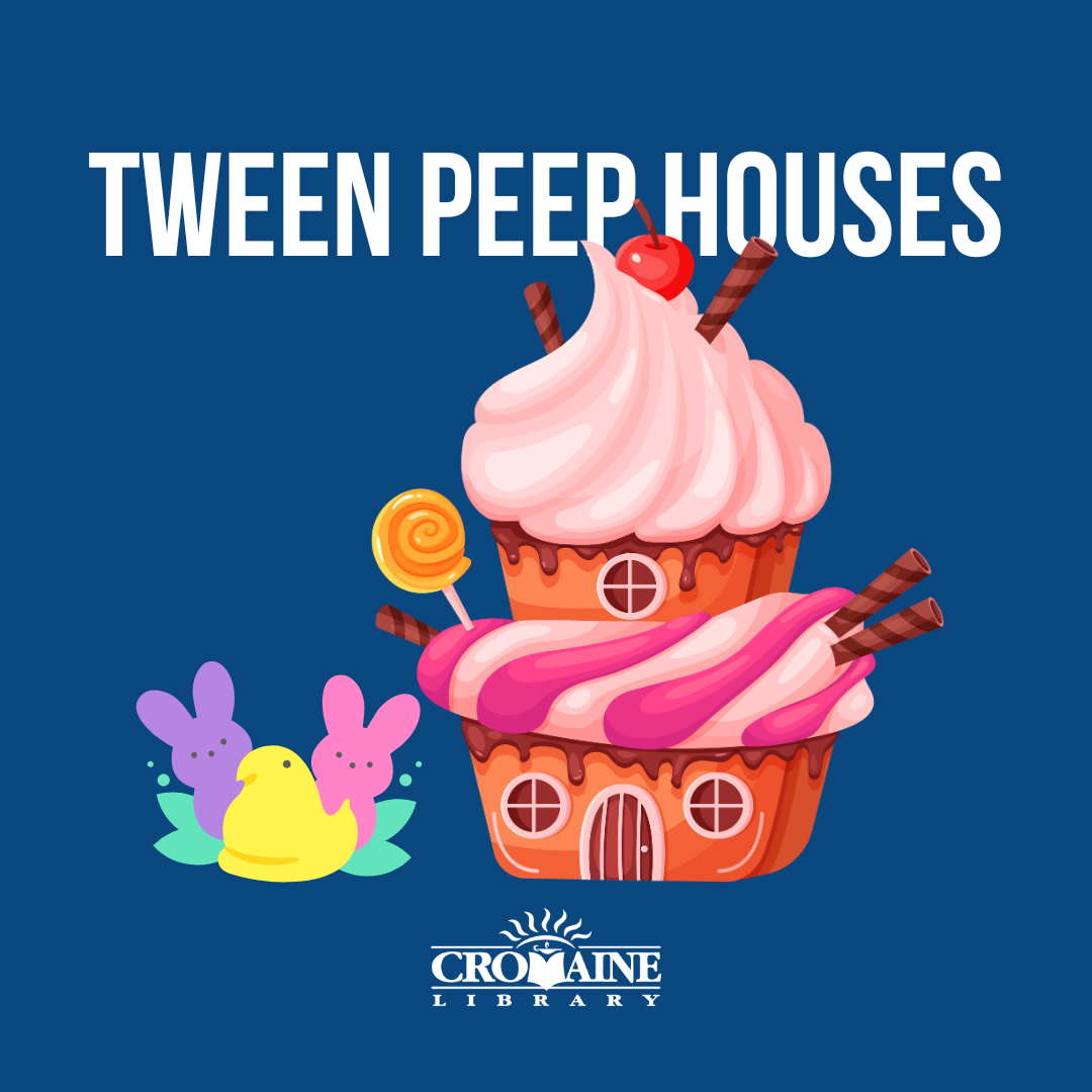 Graphic image of a cupcake house next to three peeps. 