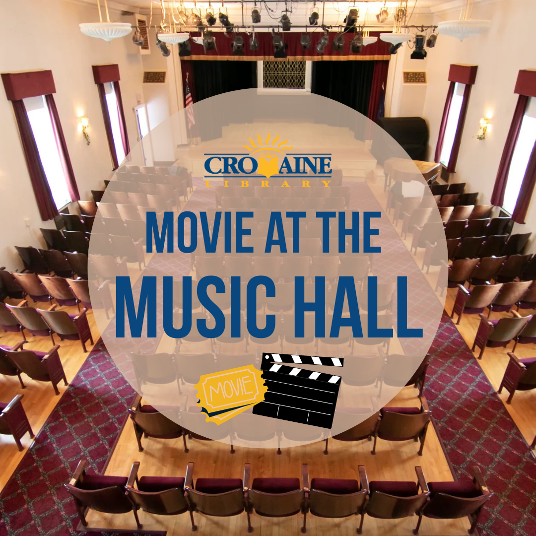 Graphic featuring a photo looking from the balcony to the stage of the Music Hall. 