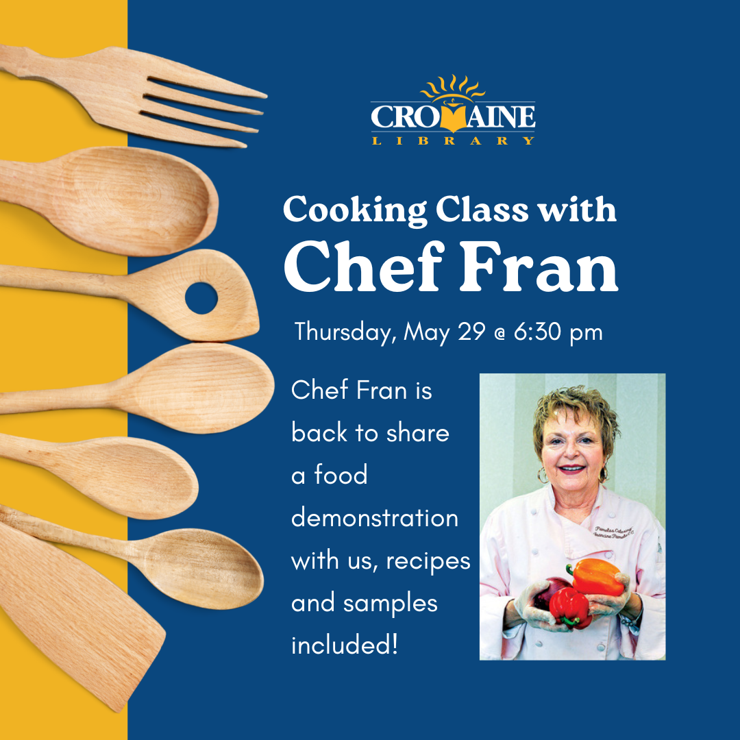 Program graphic featuring an image of Chef Fran holding peppers and onions. 