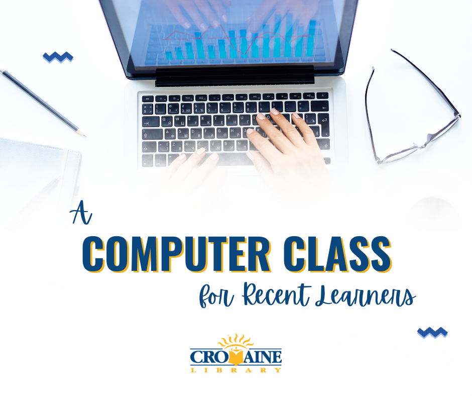 Program graphic featuring a look down at two hands on a laptop. 