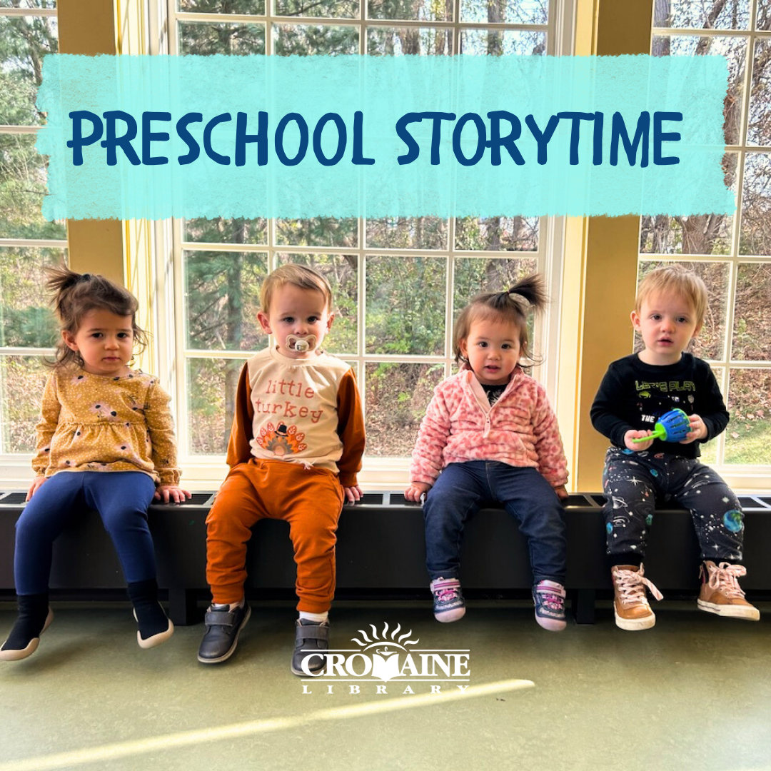 Program Graphic featuring four toddlers sitting at the windowsill in the Youth Program Room. 