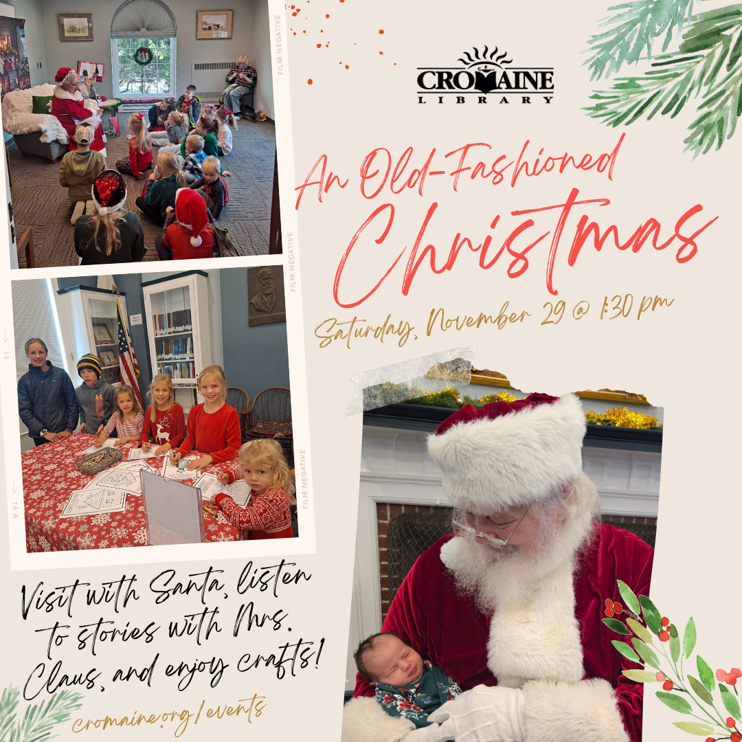 Program graphic featuring images of Santa, Mrs. Claus, and families crafting. 