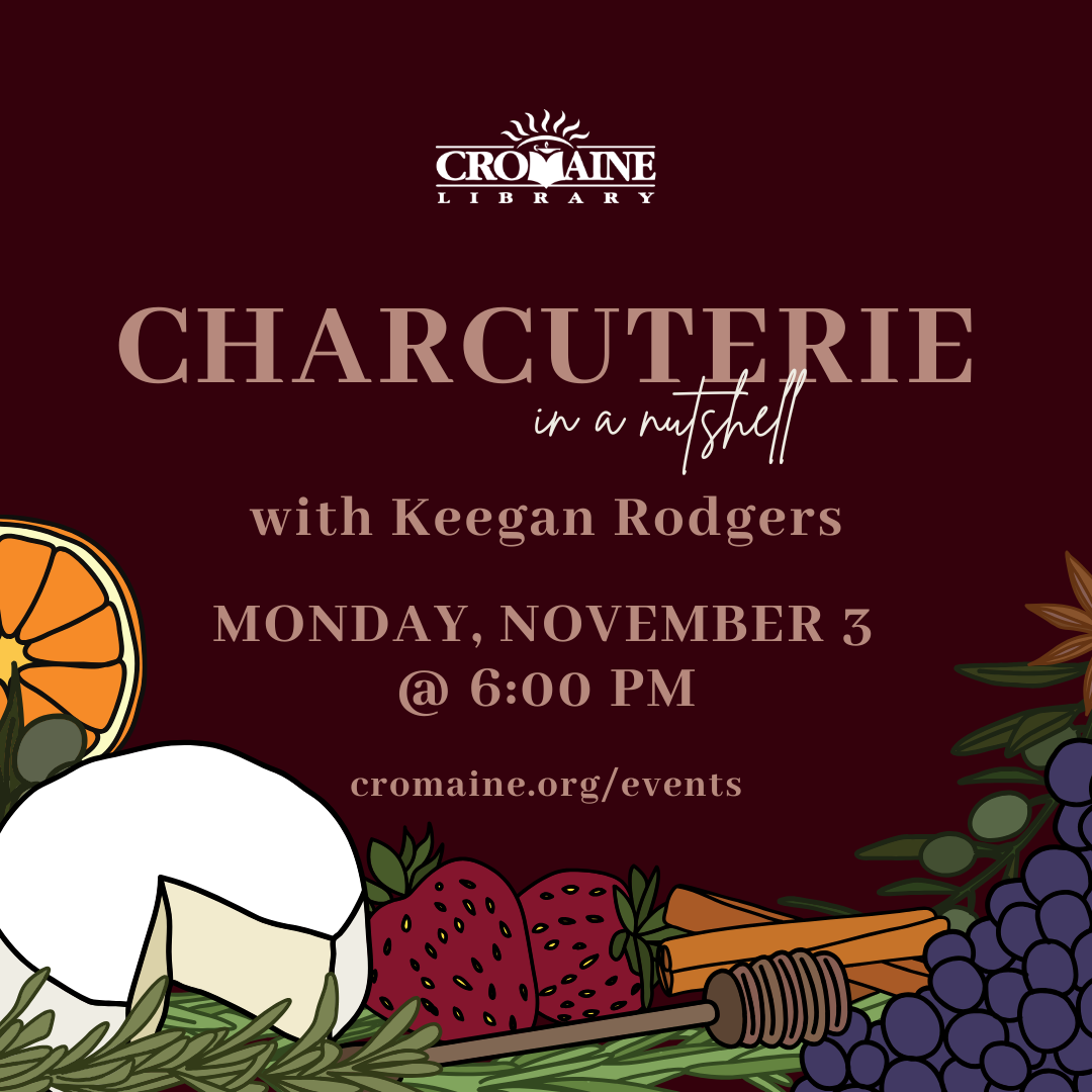 Program graphic with a maroon background and images of cheeses and fruits. 