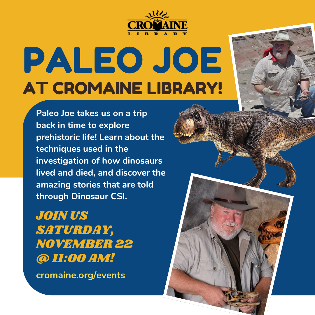 Program graphic featuring PaleoJoe and a t-rex. 