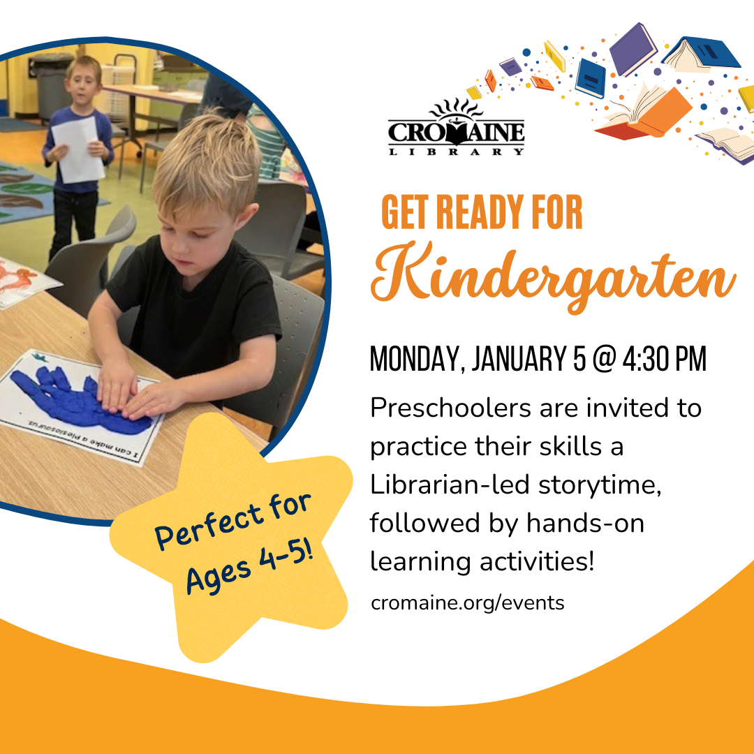 Program graphic featuring an image of a child in the Youth Program Room creating 3D art. 