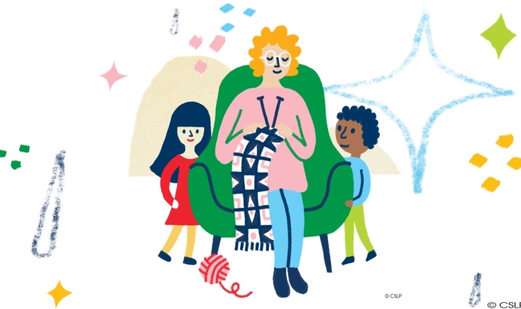 Illustration of a woman knitting alongside two children