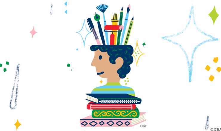 Boy with books in front, and art supplies coming out of his head