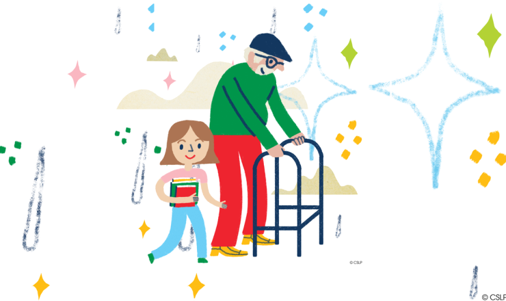 Child and adult using walker walking together