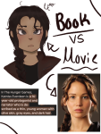 A drawing of Katniss Everdeen from "The Hunger Games" by Suzanne Collins next to a photo of Jennifer Lawrence's portrayal of Katniss in the "Hunger Games" film